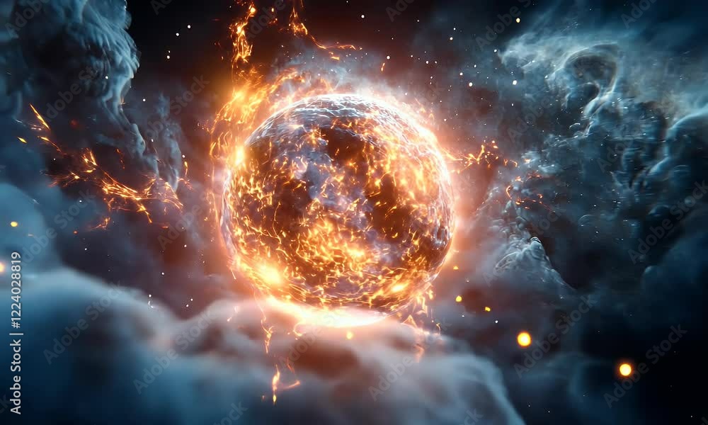 Poster Fiery cosmic sphere exploding in nebula; game design