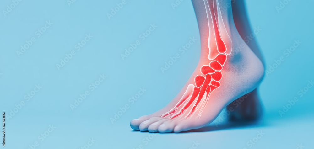 Aufkleber image showcases foot with highlighted joints red, emphasizing skeletal structure and potential areas