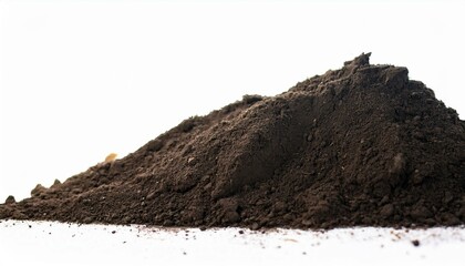 Dark brown soil pile on white background. Rich earth texture.
