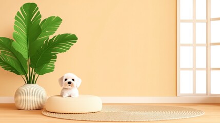 Cute Puppy Sitting on Soft Cushion in Modern Indoor Setting