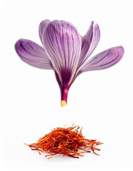 Purple crocus flower and its vibrant red spice. Exquisite detail.