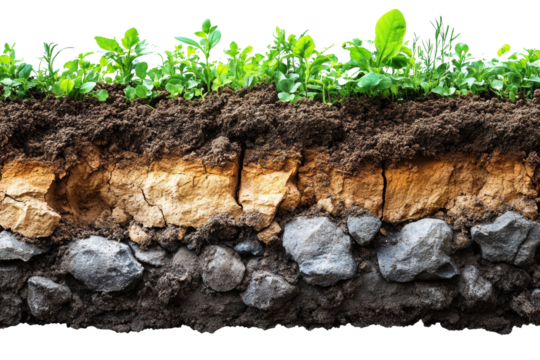 Cross-section of healthy soil layered with rocks and green plants, showcasing the diversity of earth's natural environment.