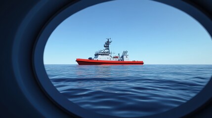 View of a Red and White Vessel Through a Porthole on a Clear Day