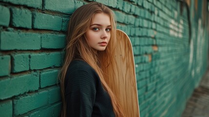 Obraz premium Long-haired young woman in black sweater poses with wooden longboard against vibrant green brick wall, gazing at the camera with serene expression.