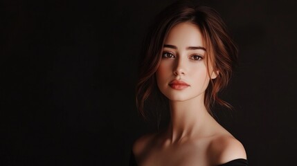 Fototapeta premium Elegant woman with long flowing dark hair wearing black off-shoulder dress posing against dark backdrop showcasing beauty and grace.