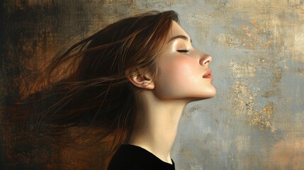 Fototapeta premium Elegant Young Woman in Profile with Windblown Hair Against a Textured Neutral Background Capturing Serenity and Grace