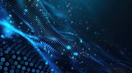 Abstract blue digital wave, particles, dark background, technology concept