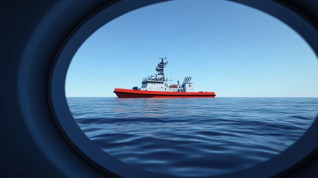 View of a Red and White Vessel Through a Porthole on a Clear Day