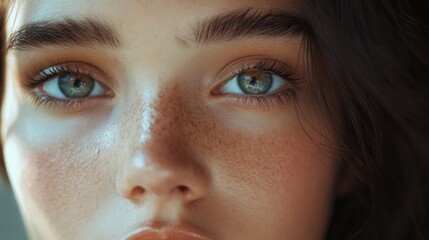 Fototapeta premium close-up portrait of beautiful woman with natural makeup showcasing clear skin and striking blue eyes highlighted by soft lighting and warm tones