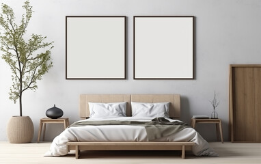 blank 9:6 ratio frame for mockup adversitement hanging on the wall with bohemian style living room