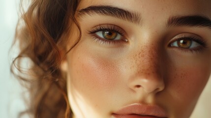 Fototapeta premium Close-up portrait of a young woman with brown eyes and natural makeup showcasing freckles and wavy hair in a well-lit studio environment.