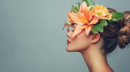 Elegant profile of a woman with a floral headpiece featuring orange and yellow flowers against a soft grey background, showcasing professional makeup and styled hair.