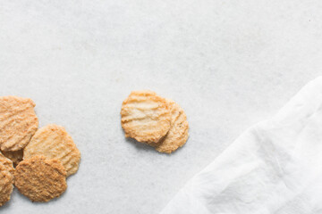 Overhead view of gurundi chips, top view of nigerian coconut biscuits, Nigerian coconut cookies made with coconut and cassava