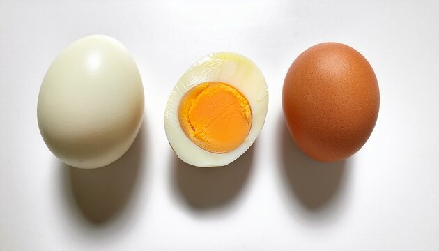 A white egg, a halved boiled egg, and a brown egg on a white background.