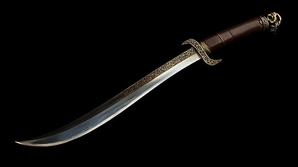 Hunting knife with a patterned handle on a wooden background