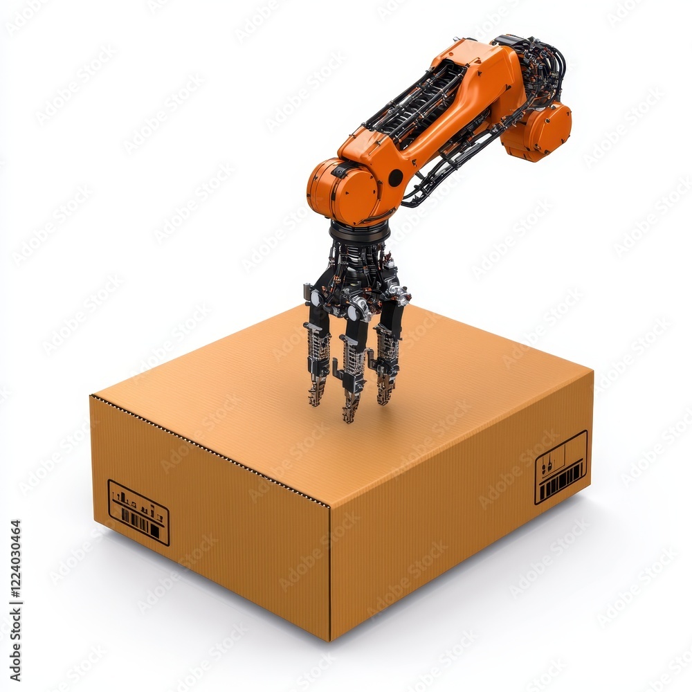 Poster robotic arm handling a package in warehouse setting