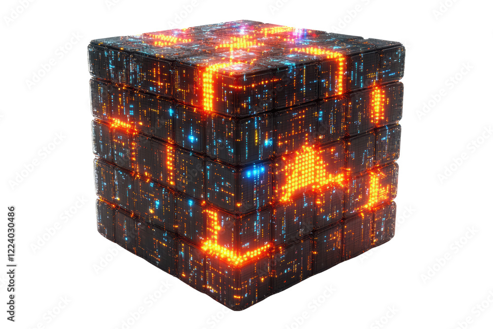 Aufkleber Futuristic cube composed of glowing digital patterns and circuits, showcasing a vibrant interplay of colors designed for advanced technology themes.