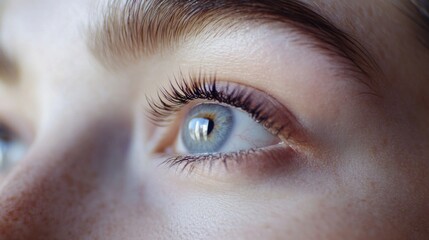 Obraz premium Close-up of a beautiful woman's eye with long eyelashes during an eyelash extension procedure in a beauty salon showcasing natural beauty and elegant features.