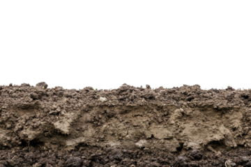 Freshly dug soil with visible texture and layers, ideal for gardening, planting, or agricultural projects, on a white isolate background.