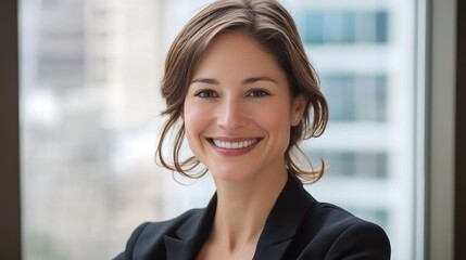 Fototapeta premium Professional Middle-Aged Businesswoman Smiling Confidently in Modern Office with Cityscape Background and Natural Light