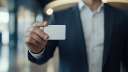 Businessman in Dark Suit Holding Blank Digital ID Profile Card for Modern Business Authentication in Bright Office Environment