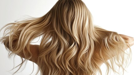 Naklejka premium Caucasian woman with long wavy light blonde hair showcasing calm and serene elegance against a soft neutral background