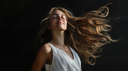 Naklejka premium carefree young woman with long flowing hair wearing a white dress posing against a dramatic black background capturing vibrant energy and joy