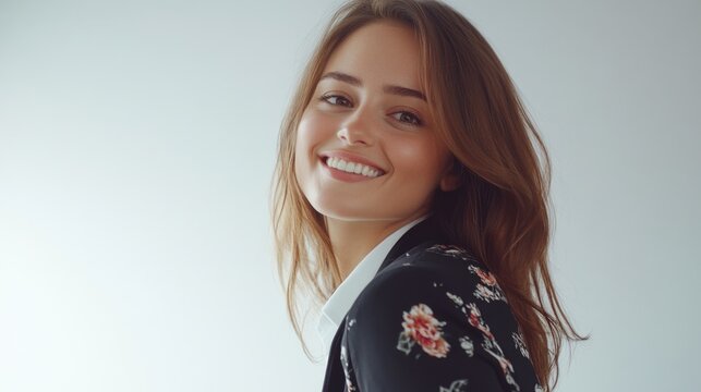 Smiling businesswoman in floral blazer on light background celebrating success with handshake and professional confidence