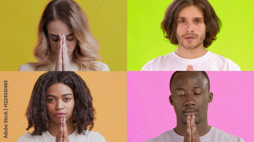 Poster Four individuals from diverse backgrounds are shown engaged in a moment of contemplation with hands together, each displaying distinct emotions. Bright backgrounds enhance their expressions.