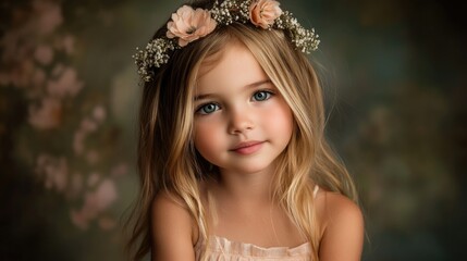 Fototapeta premium Charming young girl with long blonde hair wearing a floral crown, soft pink dress, posing in a serene studio setting with a blurred background.