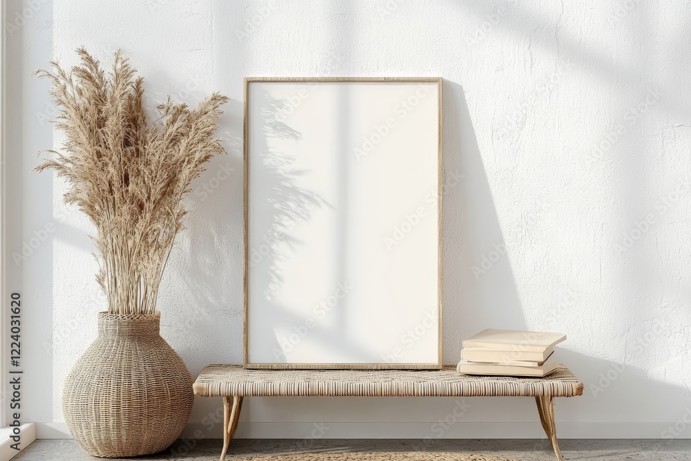 Poster elegant boho style mockup poster displaying blank frame with dry plants on a minimalist bench in bri