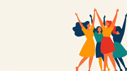 A vibrant illustration of five women celebrating together, raising their arms in joy against a light background.