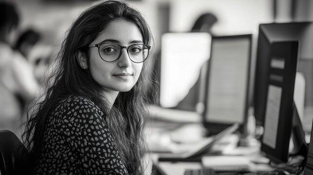 Young adult woman with long dark hair and glasses, focused in a modern office setting with computers, showcasing a collaborative work environment.