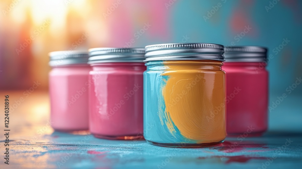 Poster colorful paint jars and brushes displayed in array pattern for artistic inspiration