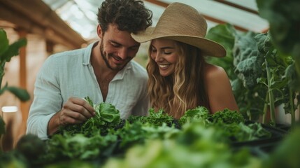 Couple in greenhouse harvesting fresh organic salad, smiling while checking quality of hydroponic vegetables, vibrant greens and warm natural light