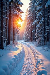 Soft sunlight casts a warm glow on a snow-encrusted forest path, winter, landscape