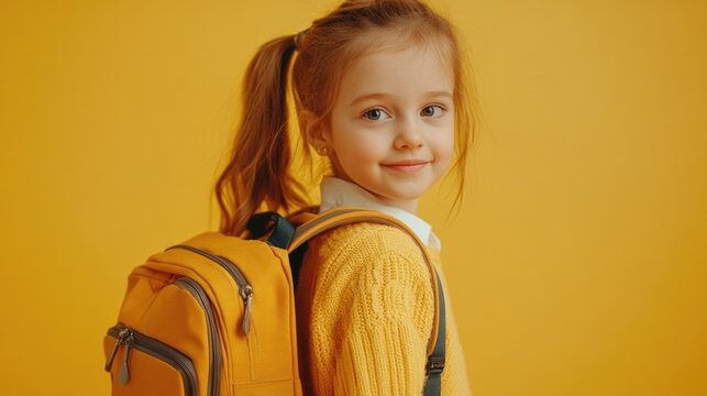 Joyful 6 to 7-year-old girl with brown hair in pigtails wearing a yellow sweater and carrying a yellow school backpack against vibrant yellow background.