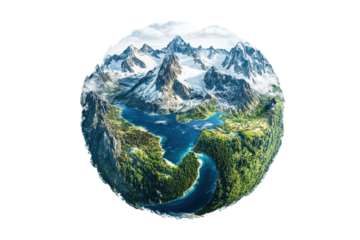 Stunning aerial view of a mystical round landscape featuring majestic mountains, lush greenery, and a serene river flowing through the vibrant nature.