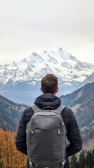 Adventurer Staring at Snow-Capped Mountains with Backpack in Autumn Landscape
