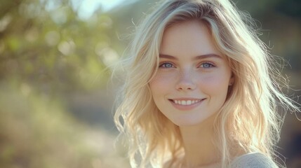 Naklejka premium Smiling young woman with blonde hair and blue eyes in light clothing against a blurred natural background capturing serene beauty and joy