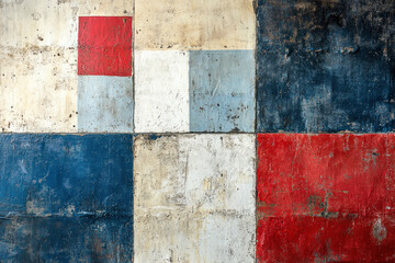 A painting with red, white, and blue squares, creating a vibrant and dynamic geometric pattern.