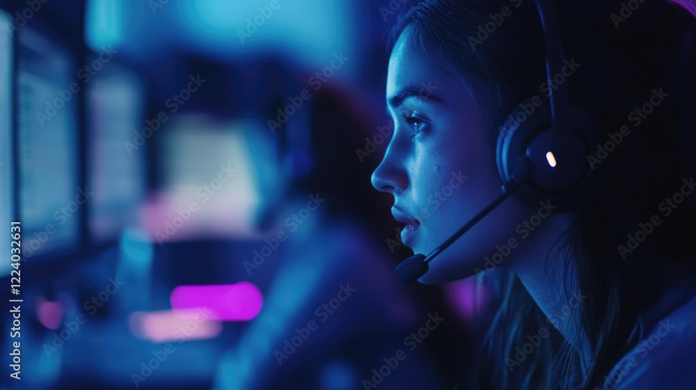 Poster female call center operator with headset in dimly lit workspace engaging in customer support service