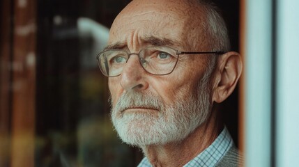 Pensive elderly man with glasses and gray beard gazing thoughtfully through window in natural light, reflecting feelings of concern and contemplation.