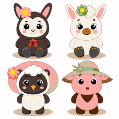 Four adorable cartoon animals; bunny, lamb, sheep, pig.