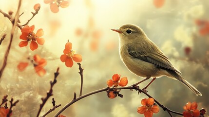 Obraz premium Bird perched on flowering branch, spring sunrise, nature background, peaceful scene