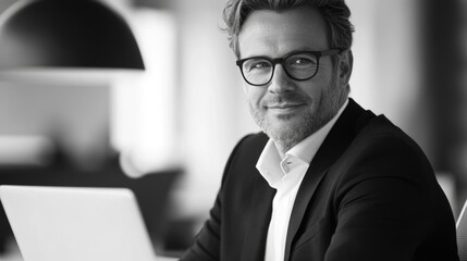 Cheerful middle-aged man with glasses smiling while taking notes on laptop in modern office space with natural light in black and white tones