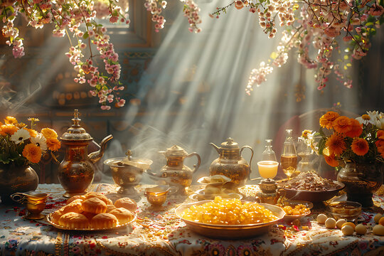 nowruz celebration, the golden suns warm glow lights up the nowruz table, filled with sweet honey pastries and heartfelt embraces between loved ones