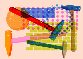 Risograph Hammer with geometric shapes. Objects in trendy riso graph print texture style design with geometry elements.
