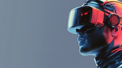 Gamer wearing virtual reality glasses with headphones on a gray gradient background showcasing futuristic technology and digital immersion.