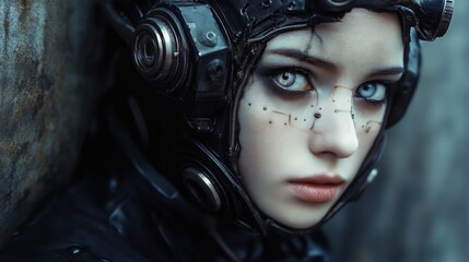 Futuristic Steampunk Cyborg Character Portrait with Intricate Makeup and High-Tech Gear, Close-Up in Soft Natural Light